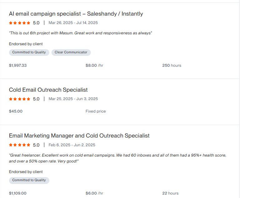 Upwork-এ cold email ও lead generation কাজের উপর তিনটি 5-star client feedback