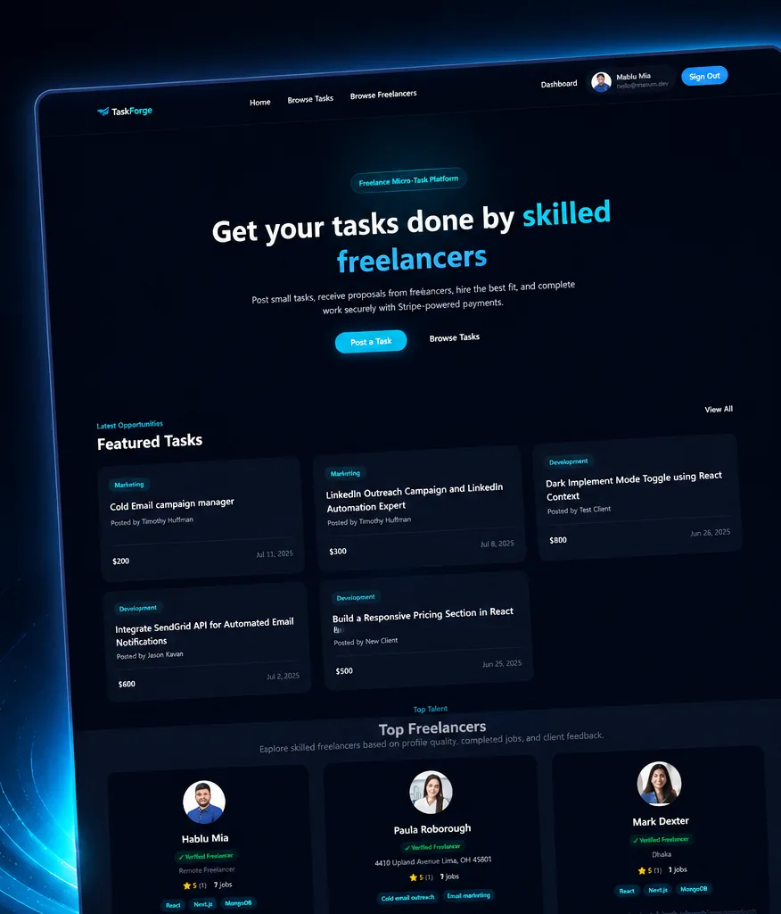 The TaskForge marketplace app showing featured freelance tasks with budgets, and a Top Freelancers list.